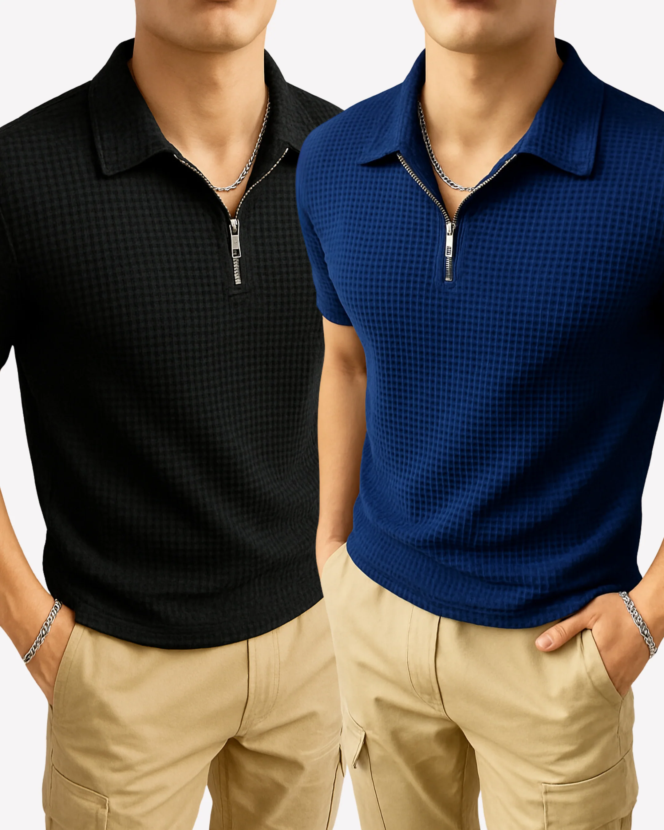 Waffle Knit Zipper Polo T-Shirts